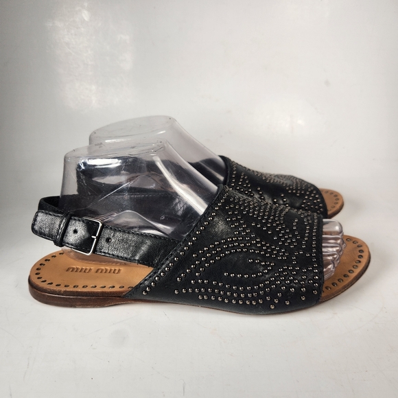 MIU MIU Women's Carousel Sandal Size 38.5 / 8 Black Studded Leather Luxury Shoe - Picture 2 of 10